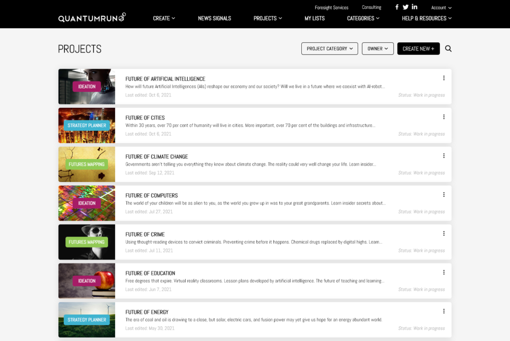 Screenshot of personal project lists.