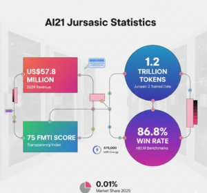 AI21 Jurassic statistics 2025 showing Jurassic-2 trained on 1.2 trillion tokens achieving 86.8% HELM benchmark win rate, FMTI transparency score of 75 versus industry average 58, $57.8 million 2024 revenue with 278 employees, $1.4 billion valuation from $155 million Series C, 0.01% enterprise LLM market share in $6.7 billion market projected to reach $8.8 billion in 2025, and training energy consumption of 570,000-760,000 kWh.