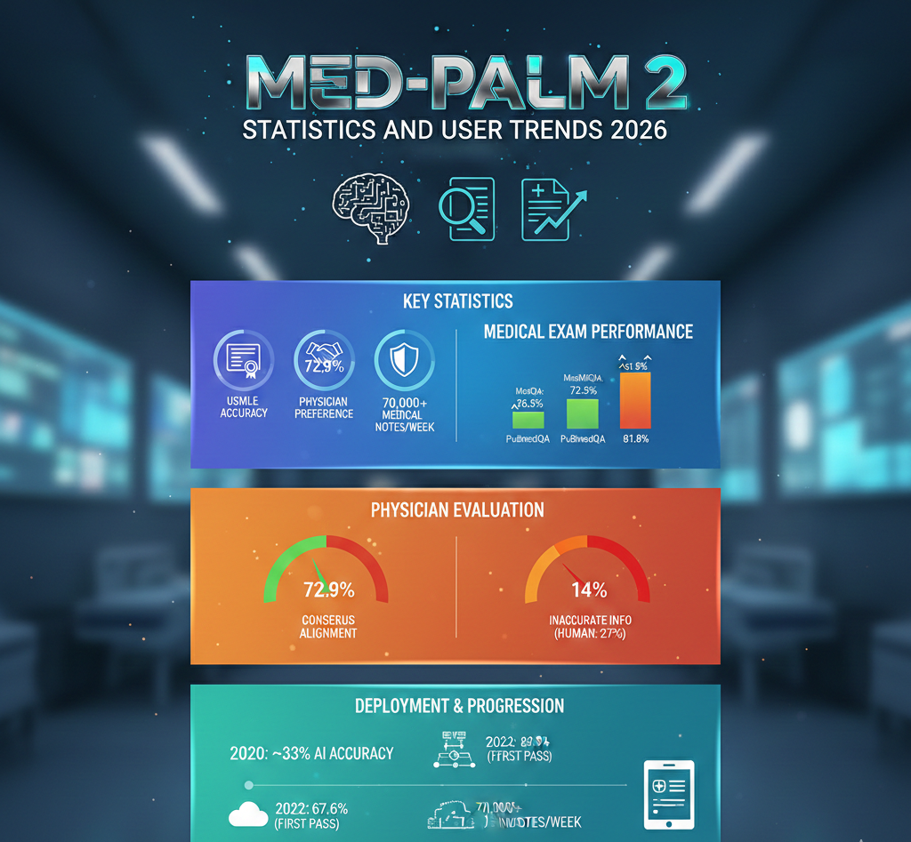 Med-PaLM 2 statistics showing 86.5% USMLE accuracy, 72.9% physician preference rate, and 70,000+ weekly MedLM notes.