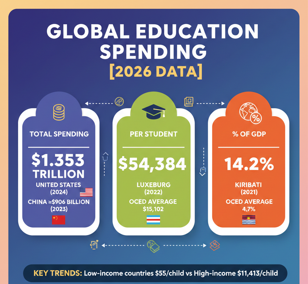Global education spending comparison for 2026 covering total expenditure by country, per-student costs, and GDP percentage allocations.