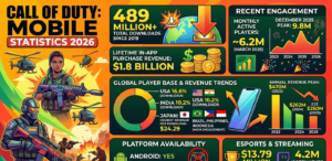 Call of Duty: Mobile Statistics 2026 Call of Duty: Mobile statistics for 2026 covering 489 million total downloads, 6.2 million monthly active players, $1.8 billion lifetime revenue, regional download shares, monthly spending trends, and platform availability.
