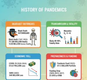History of pandemics statistics covering Black Death's 75–200 million deaths, COVID-19's $13.8 trillion economic cost and 14.83 million excess deaths, R0 comparisons with measles at 12–18, H5N1's 48.4% fatality rate, and Pandemic Fund's $11.5 billion portfolio across 128 countries.