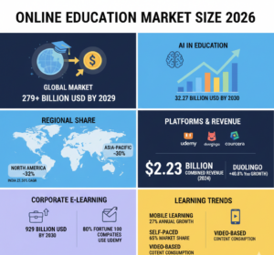 Online education market statistics for 2026 covering $203–$388 billion global valuations, regional shares, platform revenues, corporate e-learning growth, and AI adoption trends.