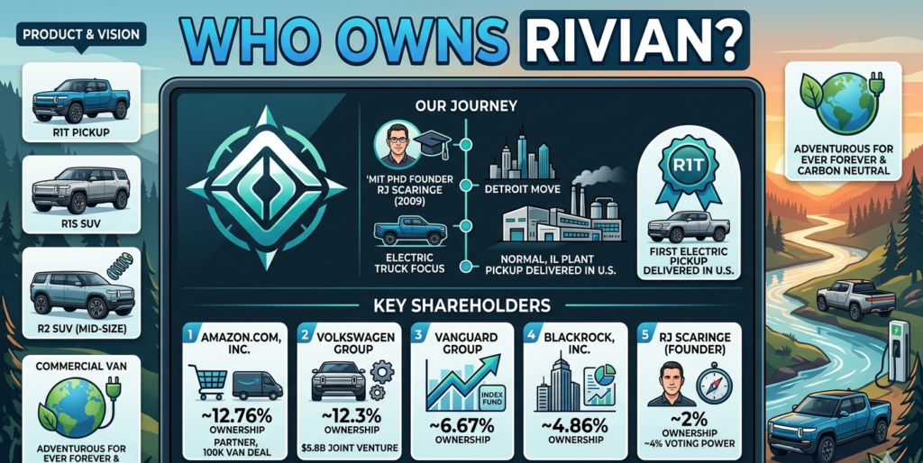Rivian ownership profile covering publicly traded EV maker on NASDAQ with $21.4 billion market cap as of April 2026, Amazon as largest shareholder at 12.76%, Volkswagen at 12.3% with $5.8 billion joint venture, founder RJ Scaringe at 2% ownership, November 2021 IPO at $78, and $5.39 billion trailing revenue.