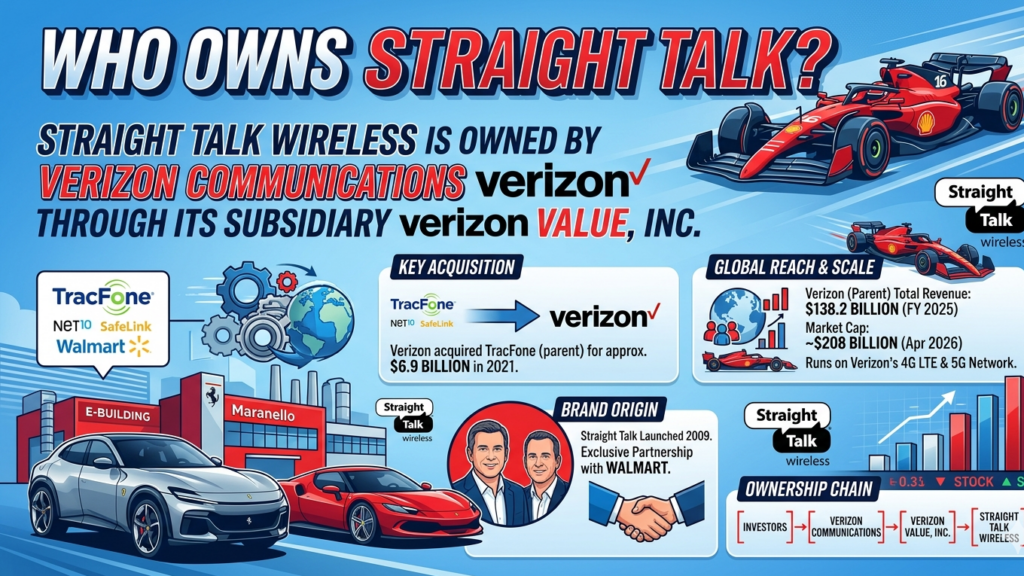 Straight Talk Wireless ownership profile covering Verizon acquisition of TracFone for $6.9 billion in November 2021, 9.5 million subscribers at time of acquisition, Verizon $208 billion market cap and $138.2 billion FY 2025 revenue, Vanguard at 8-9% and BlackRock at 7-8% as top institutional shareholders, and 10 prepaid plans from $25 to $65 monthly sold exclusively through Walmart.