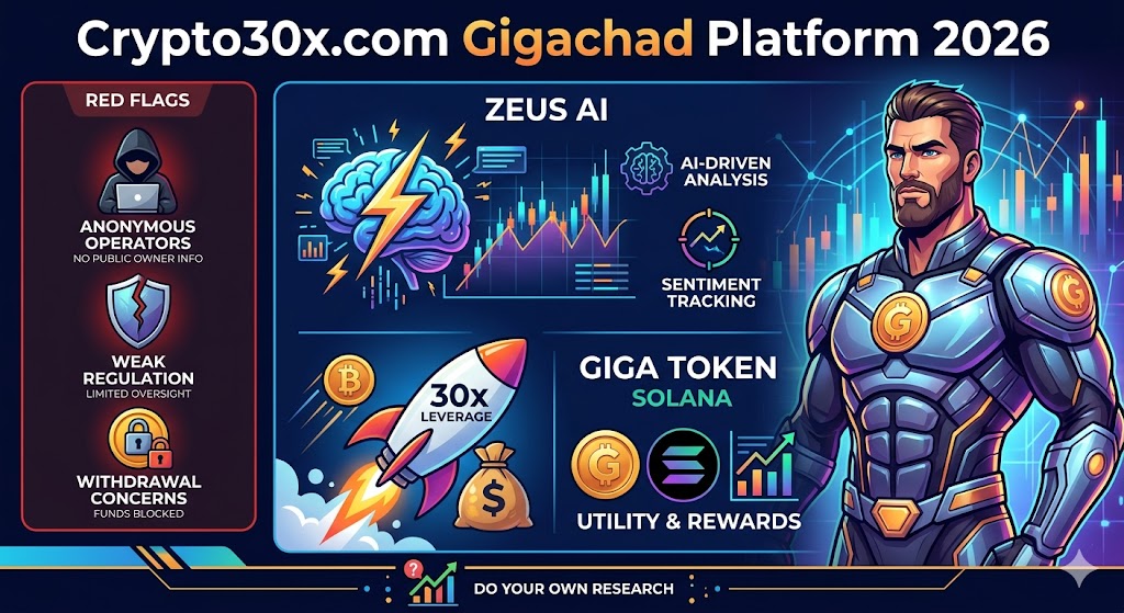 Illustrated article overview of Crypto30x.com Gigachad platform 2026 covering trading features, token data, risks, and market analysis charts.