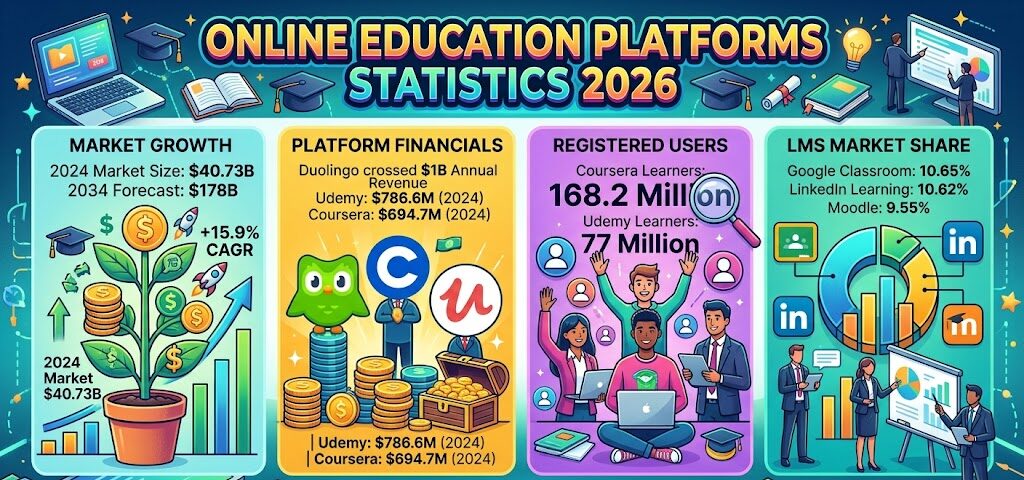 Charts showing online education platform statistics, market size, revenue comparison, and LMS market share in 2026