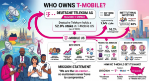 T-Mobile ownership profile covering Deutsche Telekom's 52.8% stake with 56.2% voting power, $88.31 billion 2025 revenue, approximately 140 million subscribers, $240 billion April 2026 market cap, and 1994 founding as VoiceStream Wireless rebranded after 2001 Deutsche Telekom acquisition.