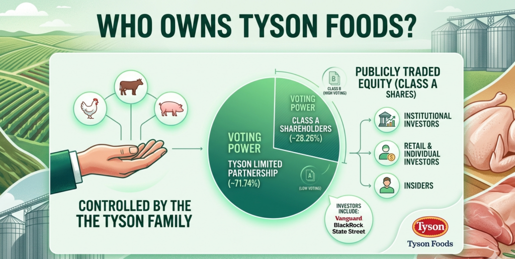 Tyson Foods ownership profile covering Tyson family's 72% voting control through dual-class shares via Tyson Limited Partnership, $54.44 billion fiscal year 2025 revenue, 57.88% institutional ownership, $22.49 billion market cap as of February 2026, and founded 1935 by John W. Tyson.