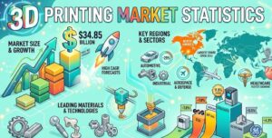 3D printing market charts showing global growth, regional market share, industry verticals, and component revenue breakdown in 2026.