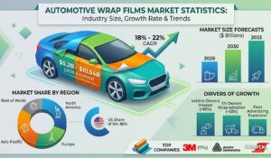 Automotive wrap films market statistics dashboard showing global market size, regional share, growth forecasts, film types, and industry trends with charts and data visualization.