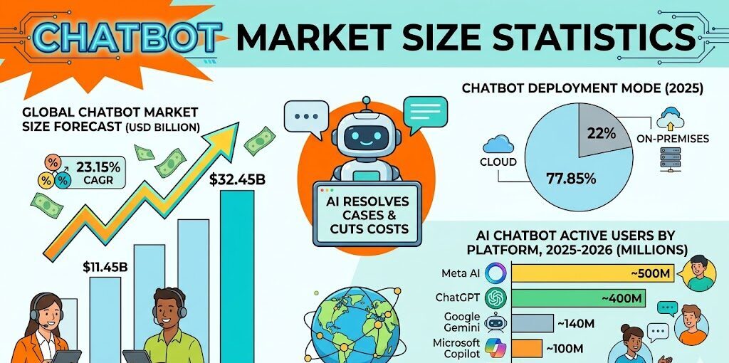 Infographic showing 2026 chatbot market size, growth forecasts, platform user stats, and regional market share charts.