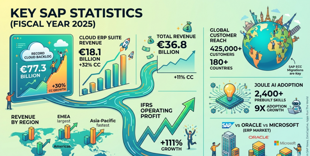 SAP statistics 2026 covering cloud revenue growth, S/4HANA migration rates, Joule AI adoption, and ERP market share against Oracle and Microsoft.