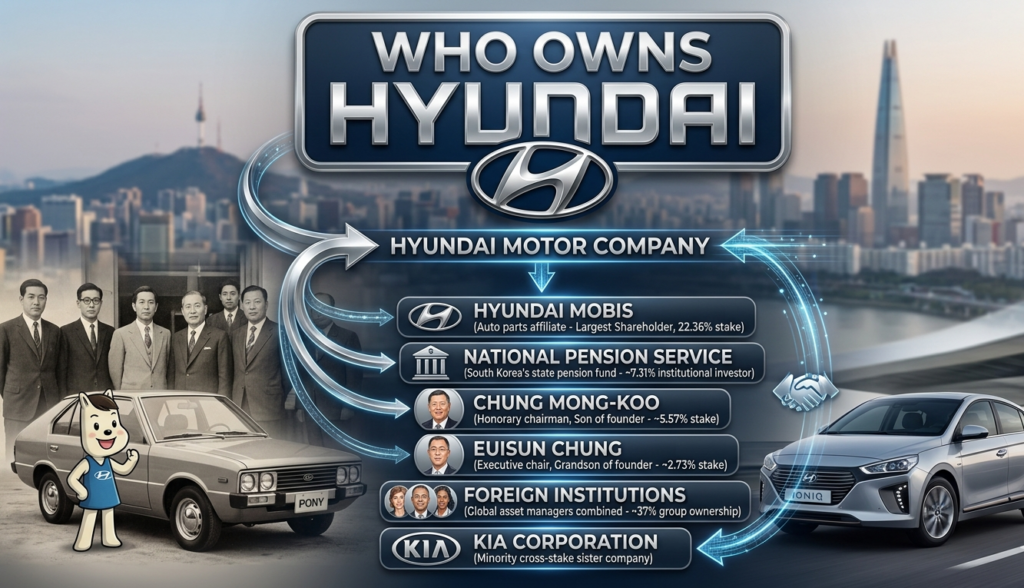 Hyundai ownership breakdown with shareholder structure, revenue history, vehicle lineup, and leadership under CEO José Muñoz.