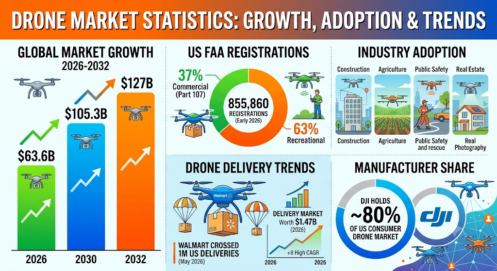 Drone market statistics infographic showing industry growth, FAA registrations, delivery trends, and market share in 2026.
