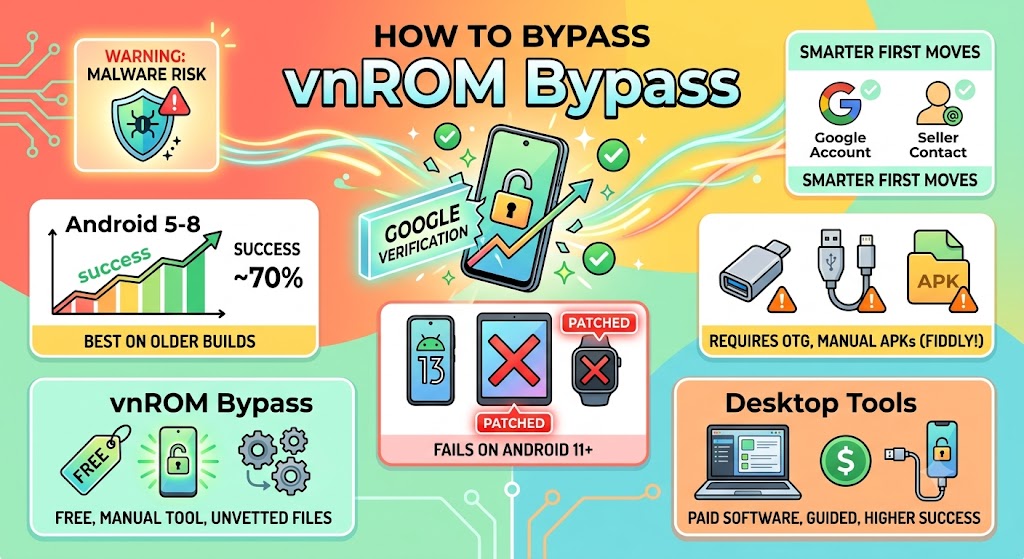 Bar chart showing vnROM FRP bypass success rates declining from Android 5–6 to Android 11 and newer.