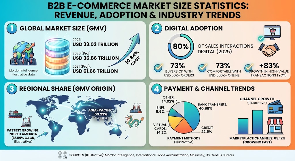 B2B ecommerce market statistics infographic highlighting global market growth, digital sales adoption, regional shares, and industry trends.