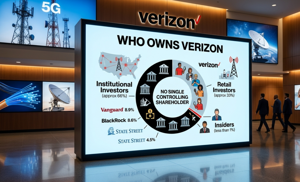 Verizon ownership breakdown covering Vanguard and BlackRock top shareholding, $191 billion market cap, 146.8 million wireless subscribers, and Frontier Communications acquisition.
