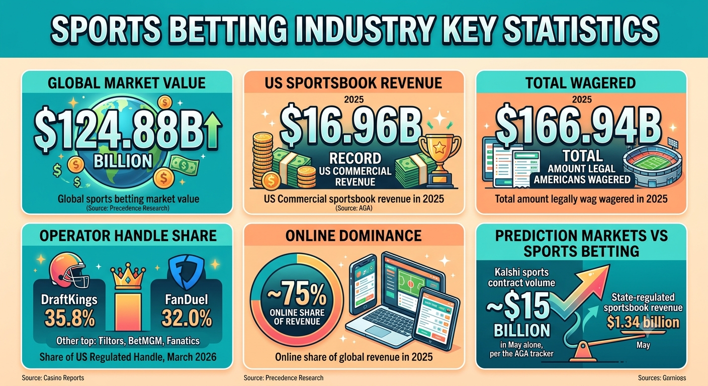 Sports betting industry statistics for 2026 covering the $124.88 billion global market value, record US sportsbook revenue of $16.96 billion, DraftKings and FanDuel market share, and prediction market competition.