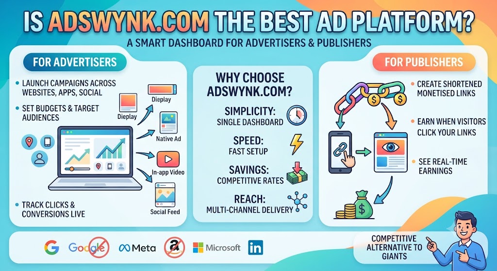 Adswynk.com ad platform overview comparing features, ad market share, CPC benchmarks, and campaign management tools.