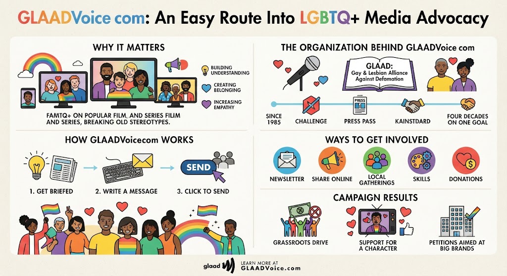 GLAADVoice com overview highlighting LGBTQ+ media advocacy, campaigns, community support, and ways to get involved.