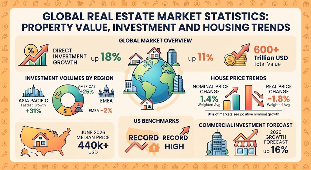 Global real estate market statistics chart showing property values, investment, housing prices, and market trends for 2026.