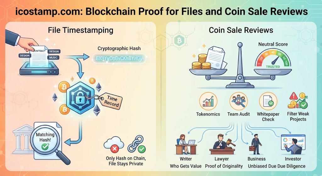 Blockchain timestamping and ICO review platform for secure file verification.
