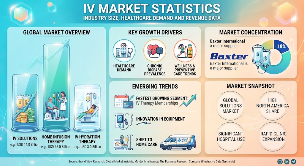 IV market statistics showing industry size, healthcare demand, and revenue growth.