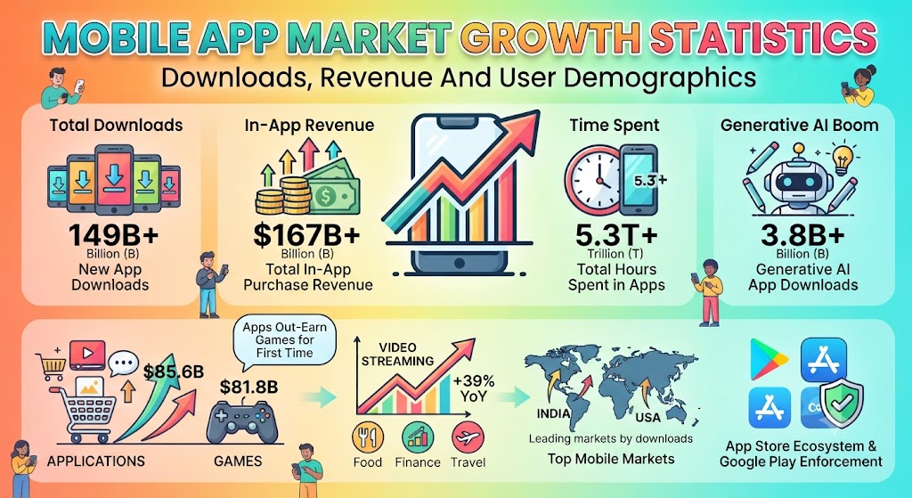 Mobile app market statistics dashboard showing 2025 downloads, revenue, category growth, AI app trends, user demographics, and App Store data.