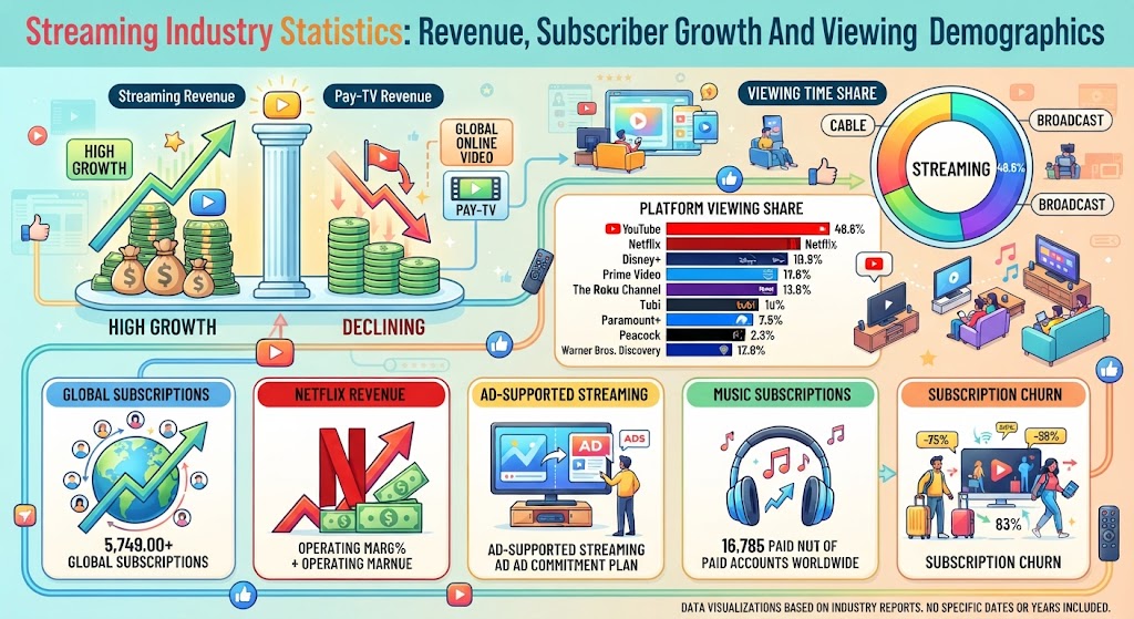 Streaming industry statistics showing revenue, subscriptions, and viewing trends in 2026.