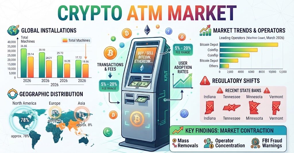 Crypto ATM market statistics showing global installations, regional share, operator counts, and fraud losses in 2026.