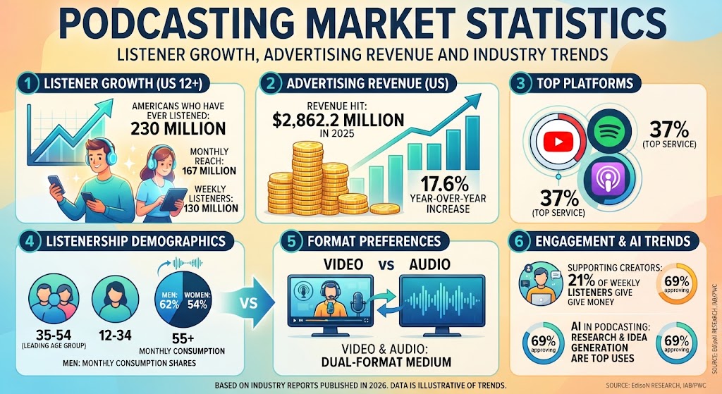 Podcasting market statistics showing listener growth and advertising revenue trends.