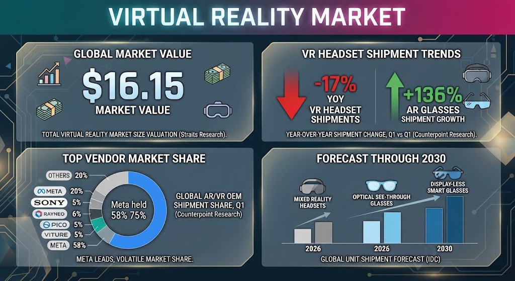 Virtual reality market size and headset shipment statistics for 2026.