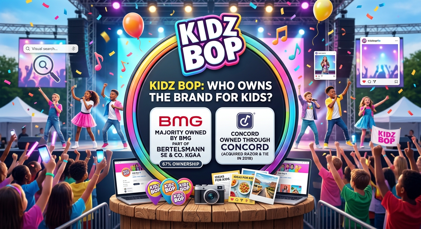 Kidz Bop ownership statistics for 2026 showing BMG, Bertelsmann, Concord, Great Mountain Partners, founders, brand history, products, and corporate structure.
