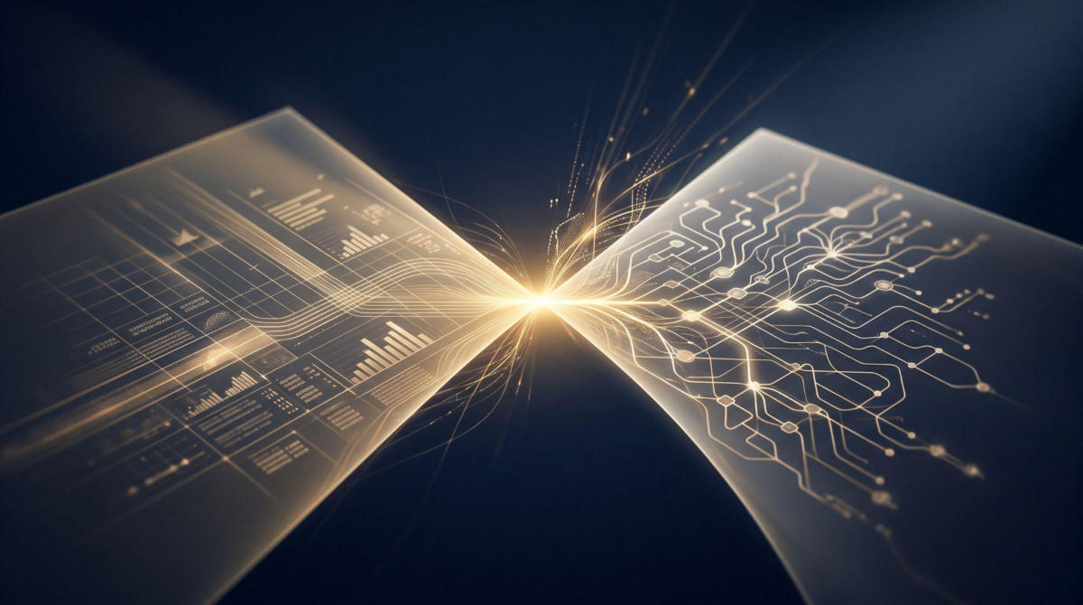Abstract illustration representing AI governance and financial oversight converging