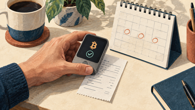 Hand holding a cryptocurrency wallet beside a calendar marked for recurring payments