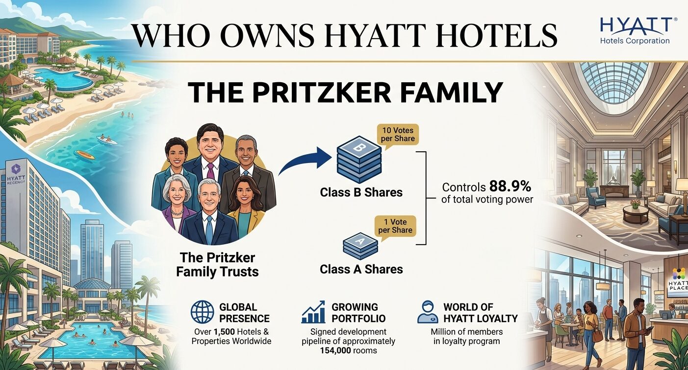 Hyatt Hotels ownership statistics showing the Pritzker family's controlling voting power, major institutional shareholders, board leadership, hotel brands, revenue, market capitalization, and World of Hyatt membership.