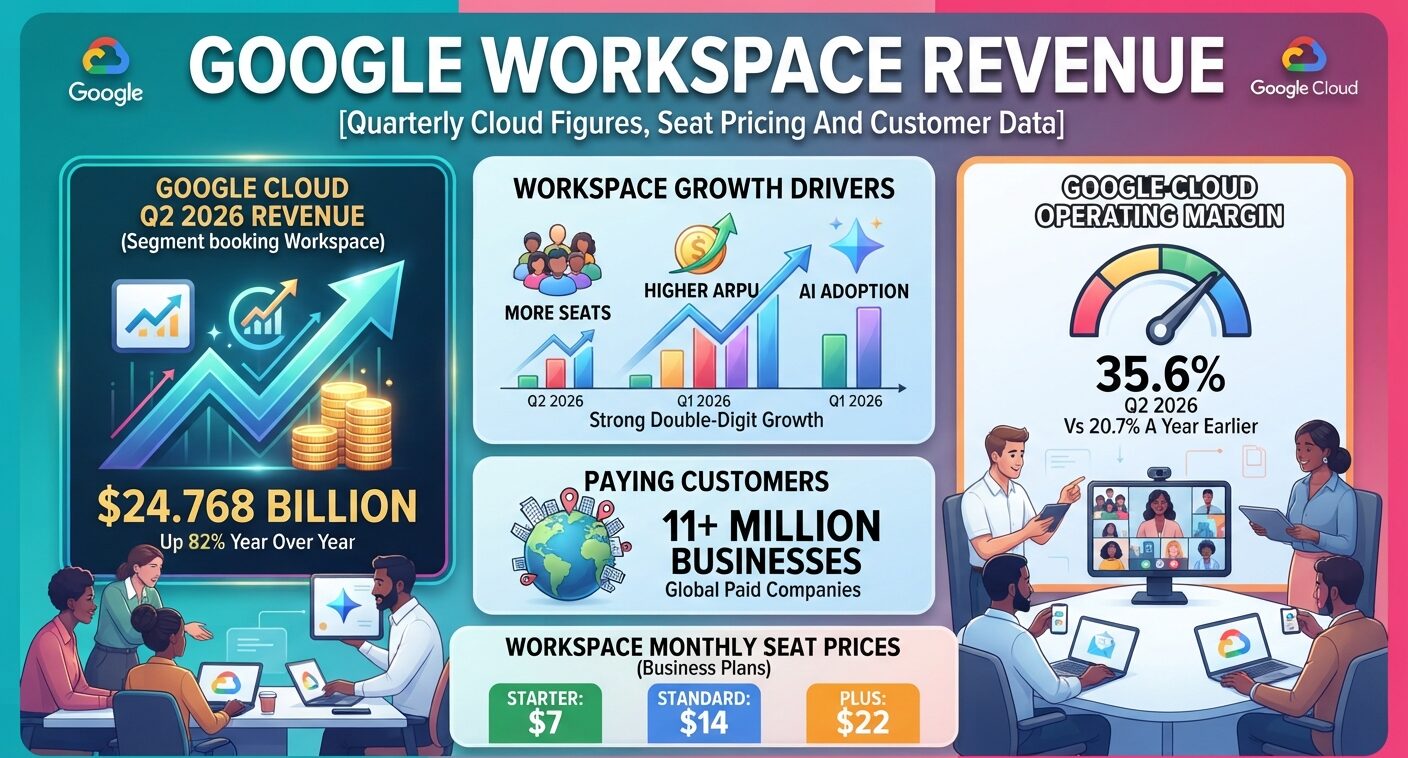 Google Workspace revenue isn’t reported separately, but Google Cloud generated $24.77 billion in Q2 2026, up 82% year over year. Explore Workspace growth, customer counts, seat pricing, profit margins, and Cloud backlog.